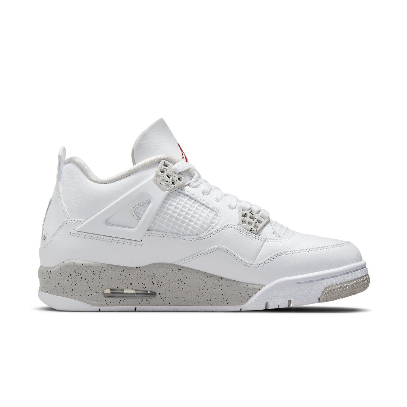 Air Jordan 4 Retro White Oreo 2021 sneaker featuring white leather and cement-inspired design elements.