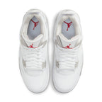 Air Jordan 4 Retro White Oreo 2021 with white leather, red Jumpman logo, and cement-inspired details on the upper.