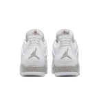 Air Jordan 4 Retro White Oreo 2021 sneakers, featuring a white leather upper and cement detailing on the heel.