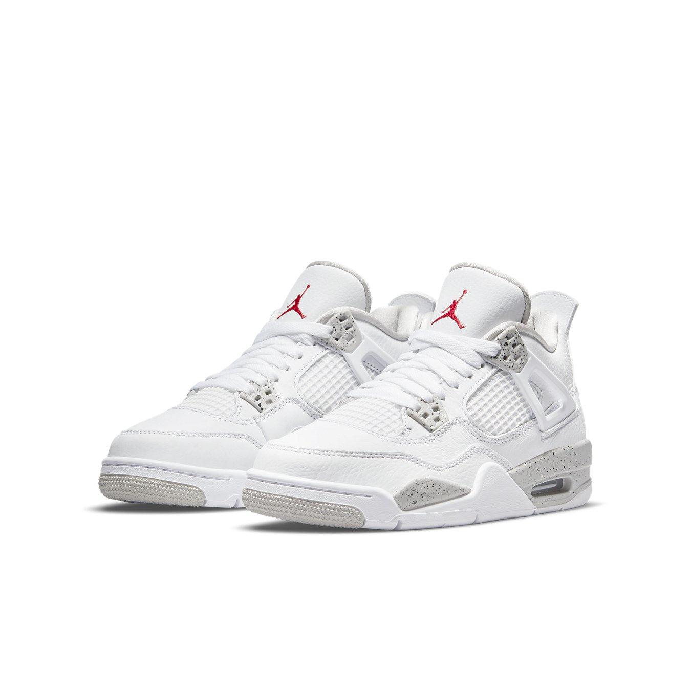 Air Jordan 4 Retro White Oreo (2021) sneaker for kids featuring white leather and grey accents.