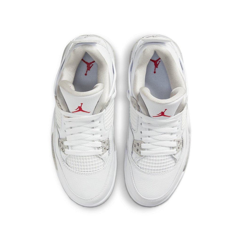 Air Jordan 4 Retro White Oreo (2021) GS sneakers featuring white leather upper and red Jumpman logo.