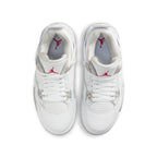 Air Jordan 4 Retro White Oreo (2021) GS sneakers featuring white leather upper and red Jumpman logo.