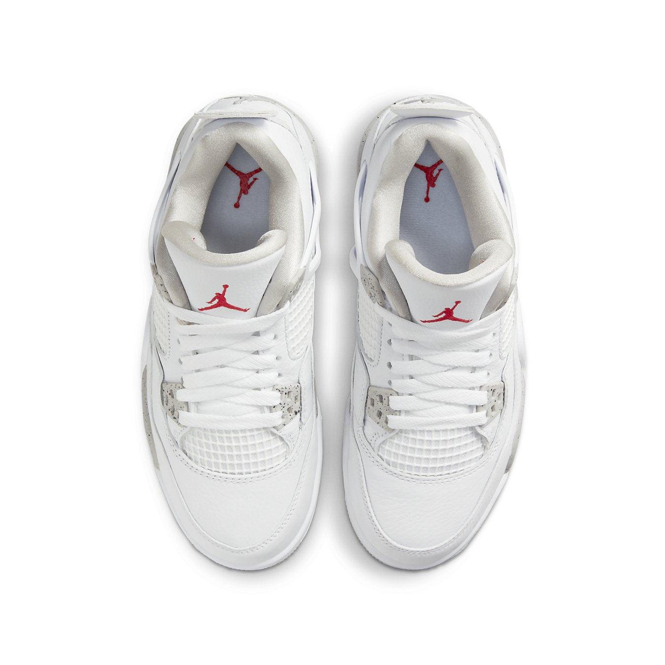 Air Jordan 4 Retro White Oreo (2021) GS sneakers featuring white leather upper and red Jumpman logo.