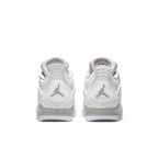Air Jordan 4 Retro White Oreo GS sneakers, back view, featuring white leather and gray Jumpman logo.