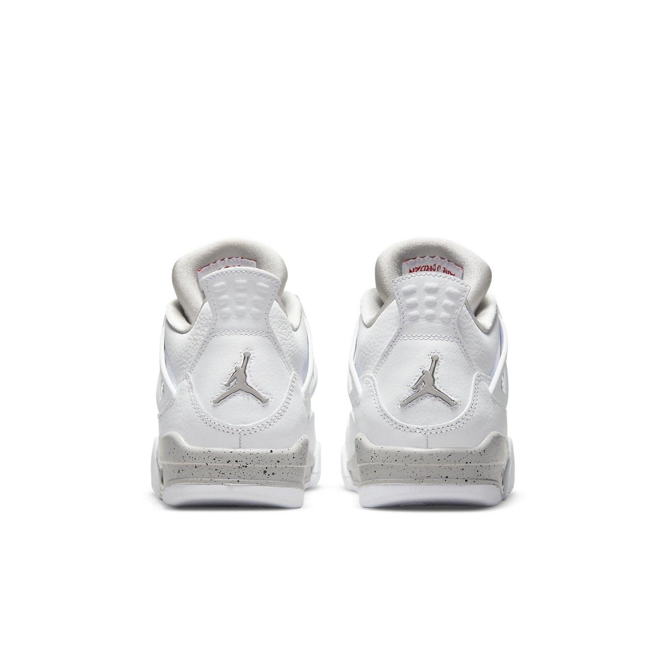 Air Jordan 4 Retro White Oreo GS sneakers, back view, featuring white leather and gray Jumpman logo.
