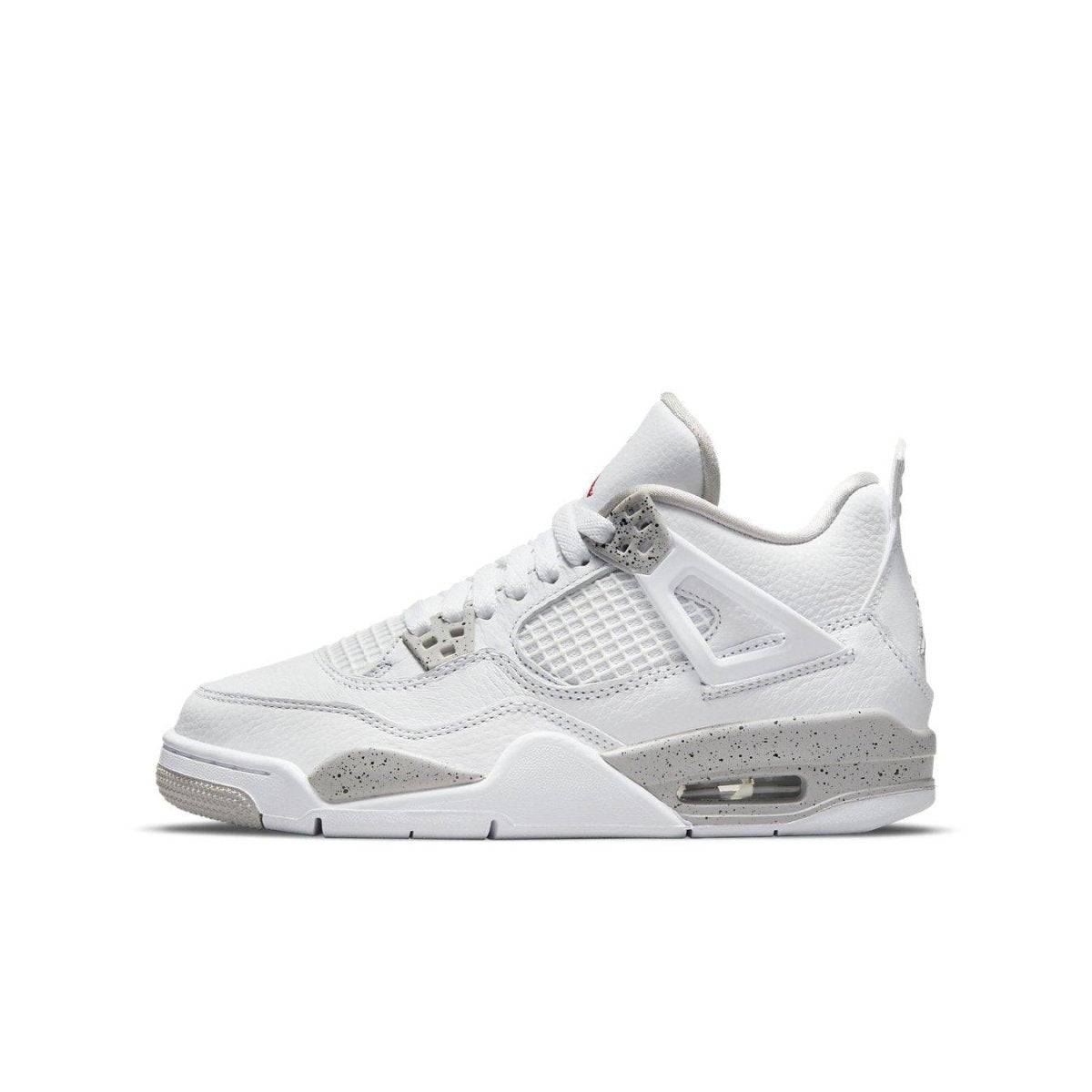 Air Jordan 4 Retro White Oreo (2021) sneaker in white and gray colorway, perfect for older kids.