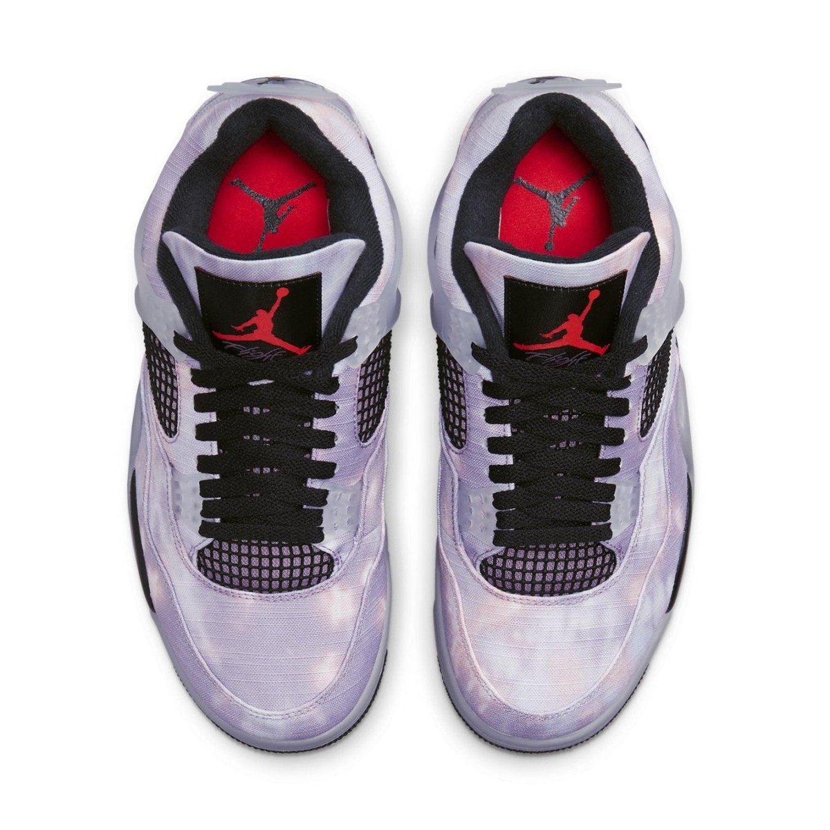 Top view of Air Jordan 4 Retro Zen Master sneakers featuring a pink, purple, and blue tie-dye design.