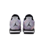 Rear view of Air Jordan 4 Retro Zen Master with unique pink and purple tie-dye design.