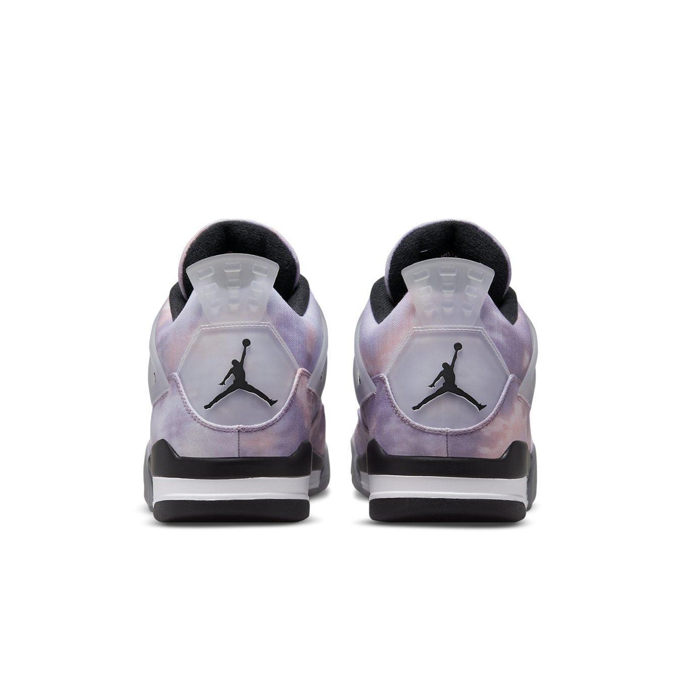 Rear view of Air Jordan 4 Retro Zen Master with unique pink and purple tie-dye design.