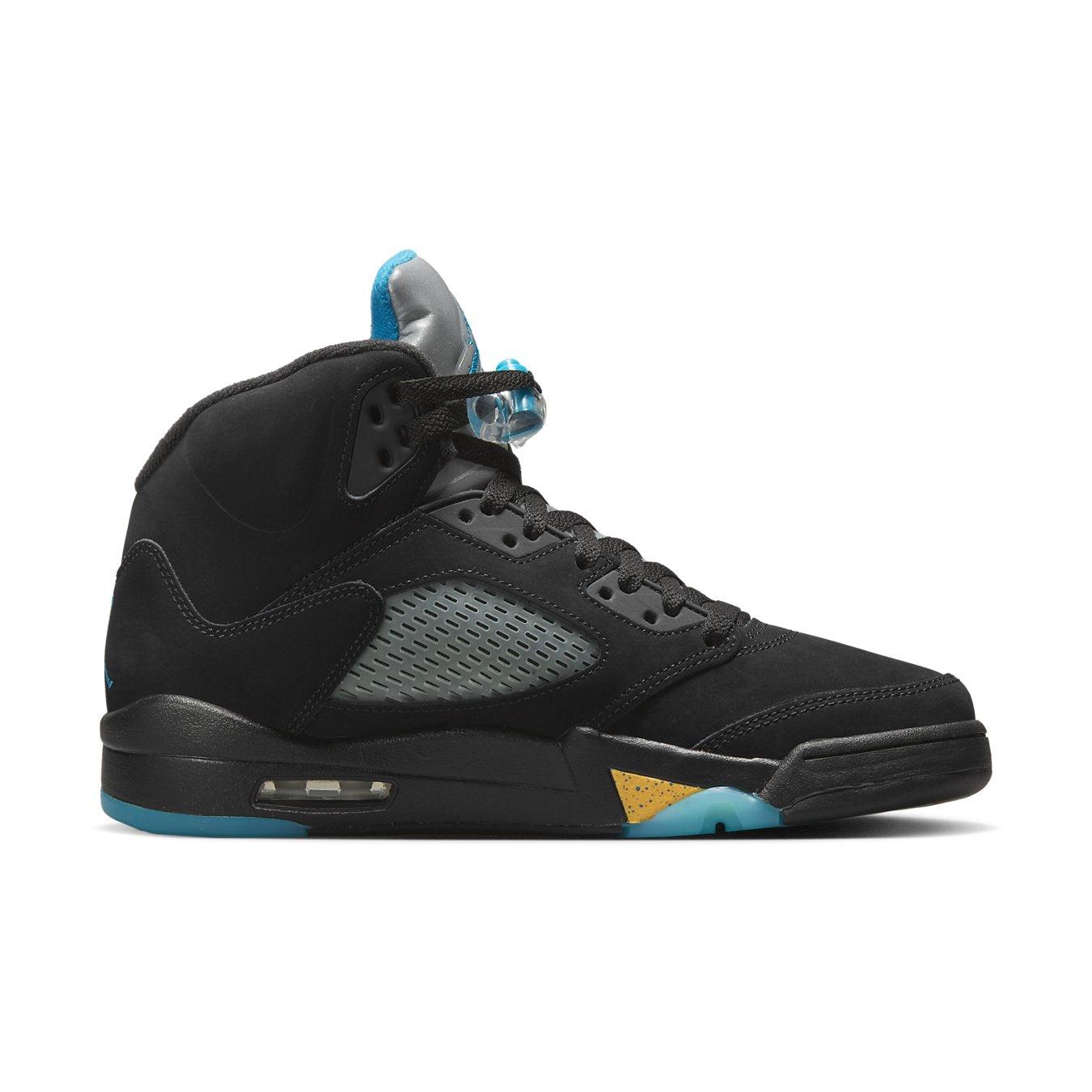 Air Jordan 5 Retro Aqua sneakers featuring black nubuck upper and aqua accents.