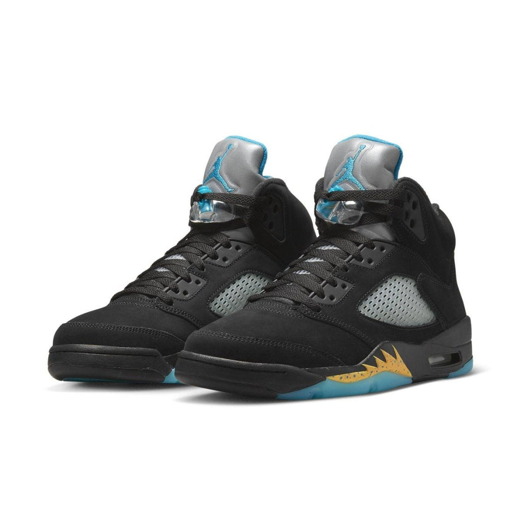 Jordan 5 Retro Aqua sneakers featuring black nubuck upper, translucent mesh, and aqua Jumpman logo.