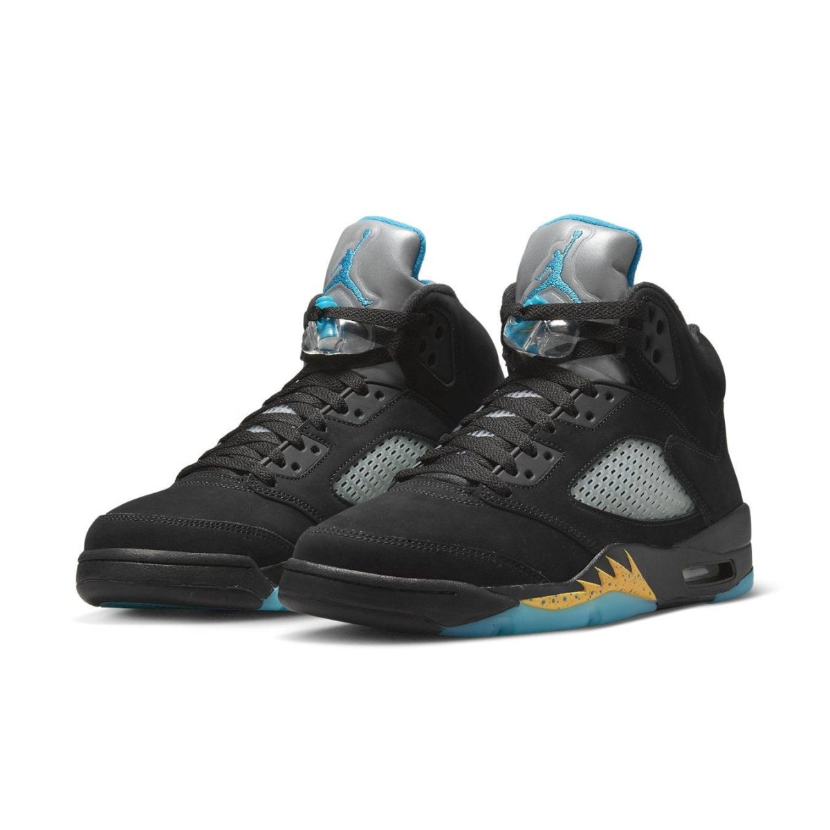 Jordan 5 Retro Aqua sneakers featuring black nubuck upper, translucent mesh, and aqua Jumpman logo.