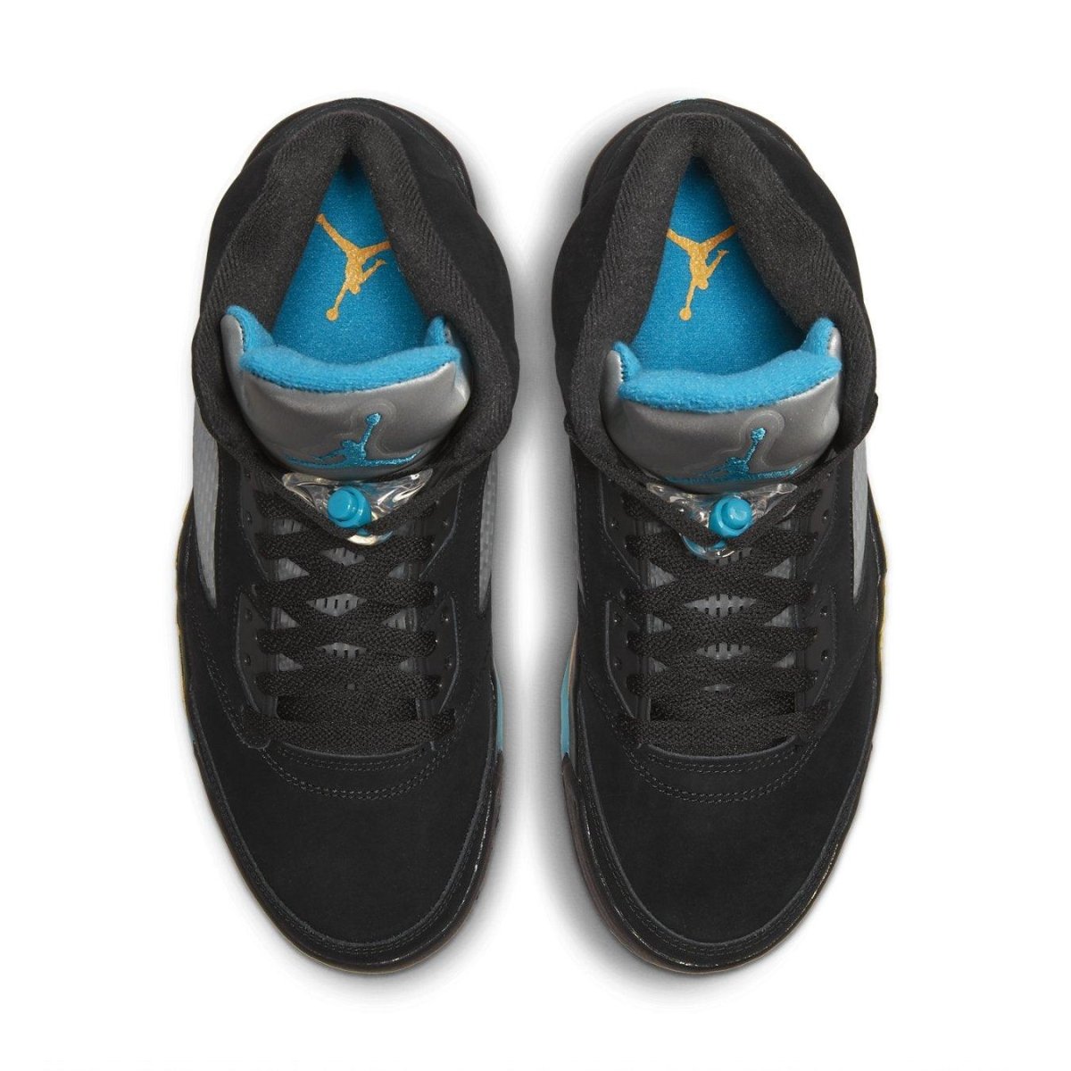 Air Jordan 5 Retro Aqua black nubuck upper with aqua details and reflective tongue, top view of sneakers.