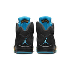 Air Jordan 5 Retro Aqua rear view showcasing black nubuck upper and aqua Jumpman logo.