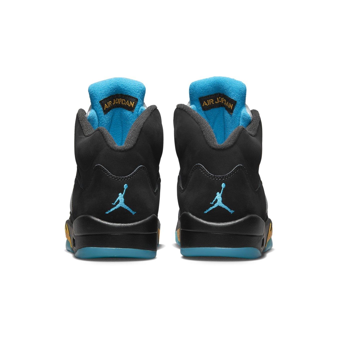 Air Jordan 5 Retro Aqua rear view showcasing black nubuck upper and aqua Jumpman logo.