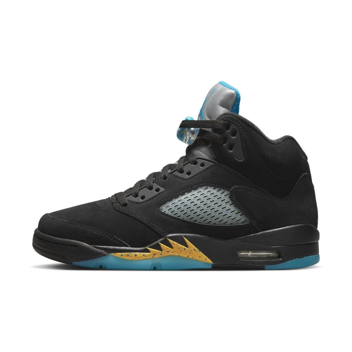 Air Jordan 5 Retro Aqua sneaker in black nubuck with aqua and yellow accents, showcasing iconic design.