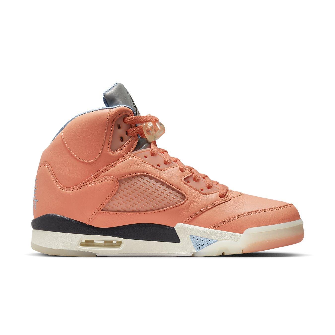 DJ Khaled x Air Jordan 5 Retro in coral leather, featuring satin Leche Blue lining and signature details.