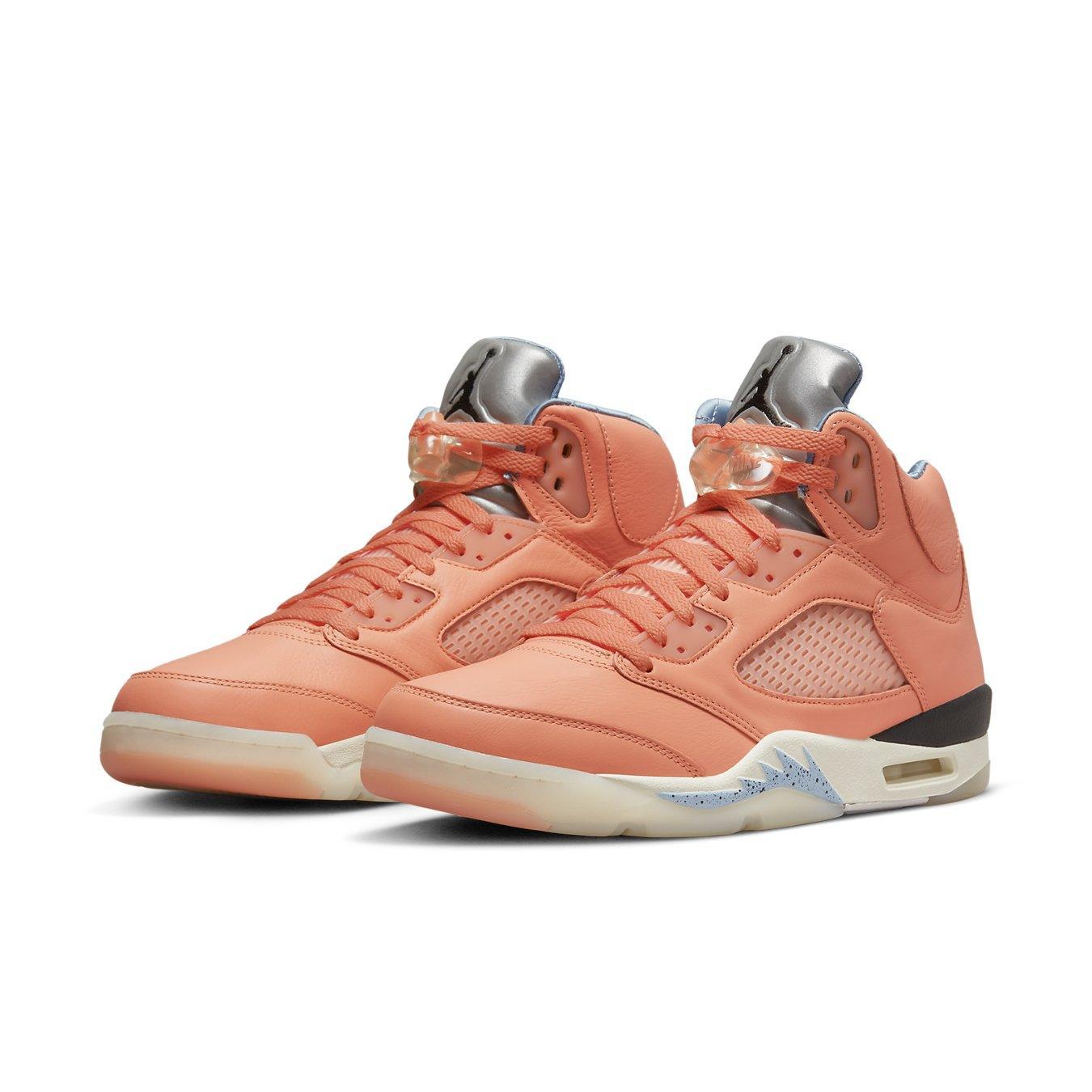 Jordan 5 Retro DJ Khaled 'Crimson Bliss' sneakers in coral leather with satin detailing and blue accents.