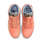 Top view of DJ Khaled x Air Jordan 5 Retro "Crimson Bliss" in coral with satin Leche Blue lining.