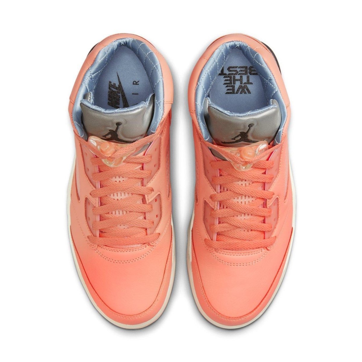 Top view of DJ Khaled x Air Jordan 5 Retro "Crimson Bliss" in coral with satin Leche Blue lining.