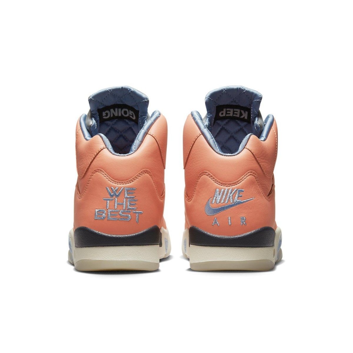 DJ Khaled x Air Jordan 5 Retro 'Crimson Bliss' sneaker back view with 'We The Best' and Nike Air logos.