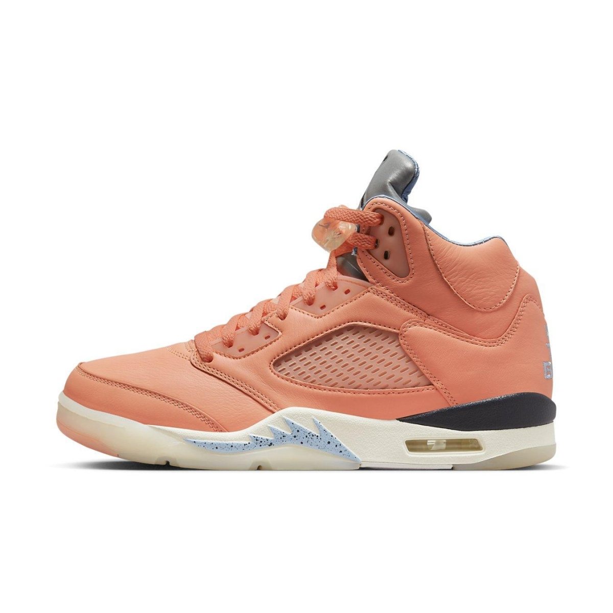 Jordan 5 Retro DJ Khaled We The Best in Coral leather with Leche Blue lining and Nike Air logo.