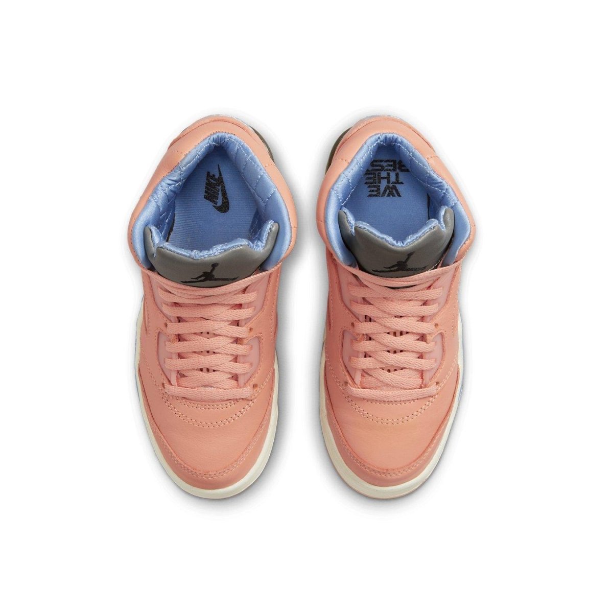 Top view of Air Jordan 5 'We The Best' DJ Khaled in Crimson Bliss colorway for pre-school sizes.