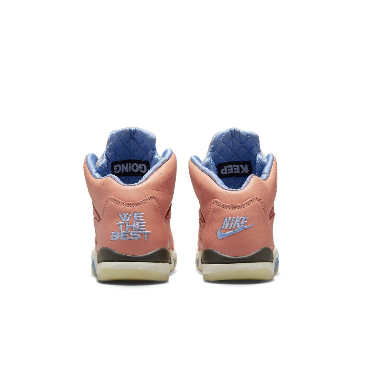 Back view of Jordan 5 Retro DJ Khaled We The Best in Crimson Bliss with signature branding and blue accents.