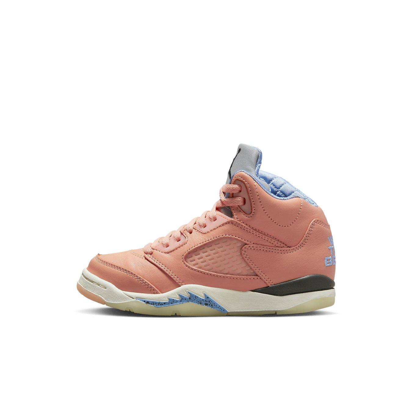 Jordan 5 Retro DJ Khaled We The Best in Crimson Bliss for preschoolers showcasing soft leather upper and Leche Blue accents.