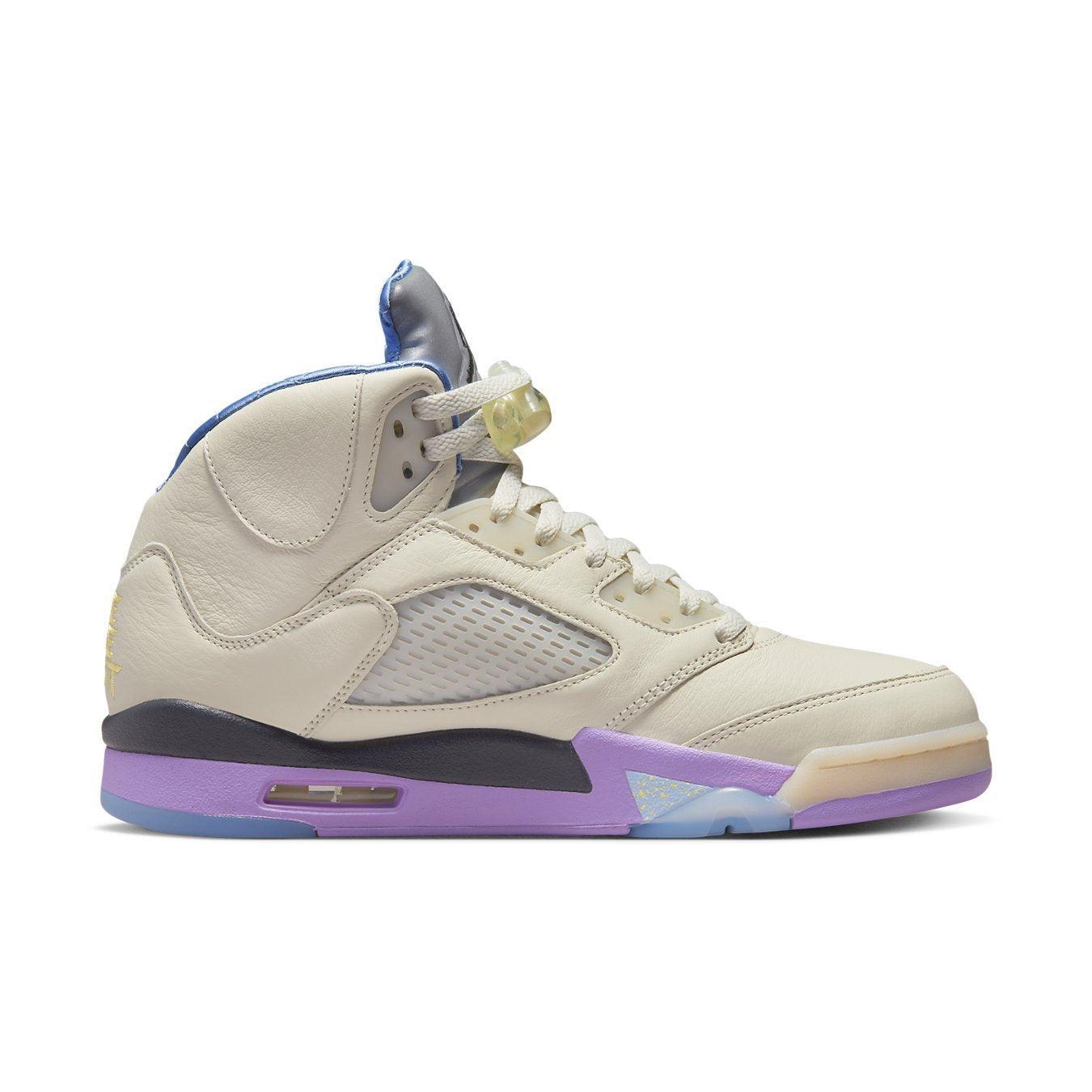 Jordan 5 Retro DJ Khaled We The Best Sail sneakers in dirty white leather with pastel accents and blue lining.