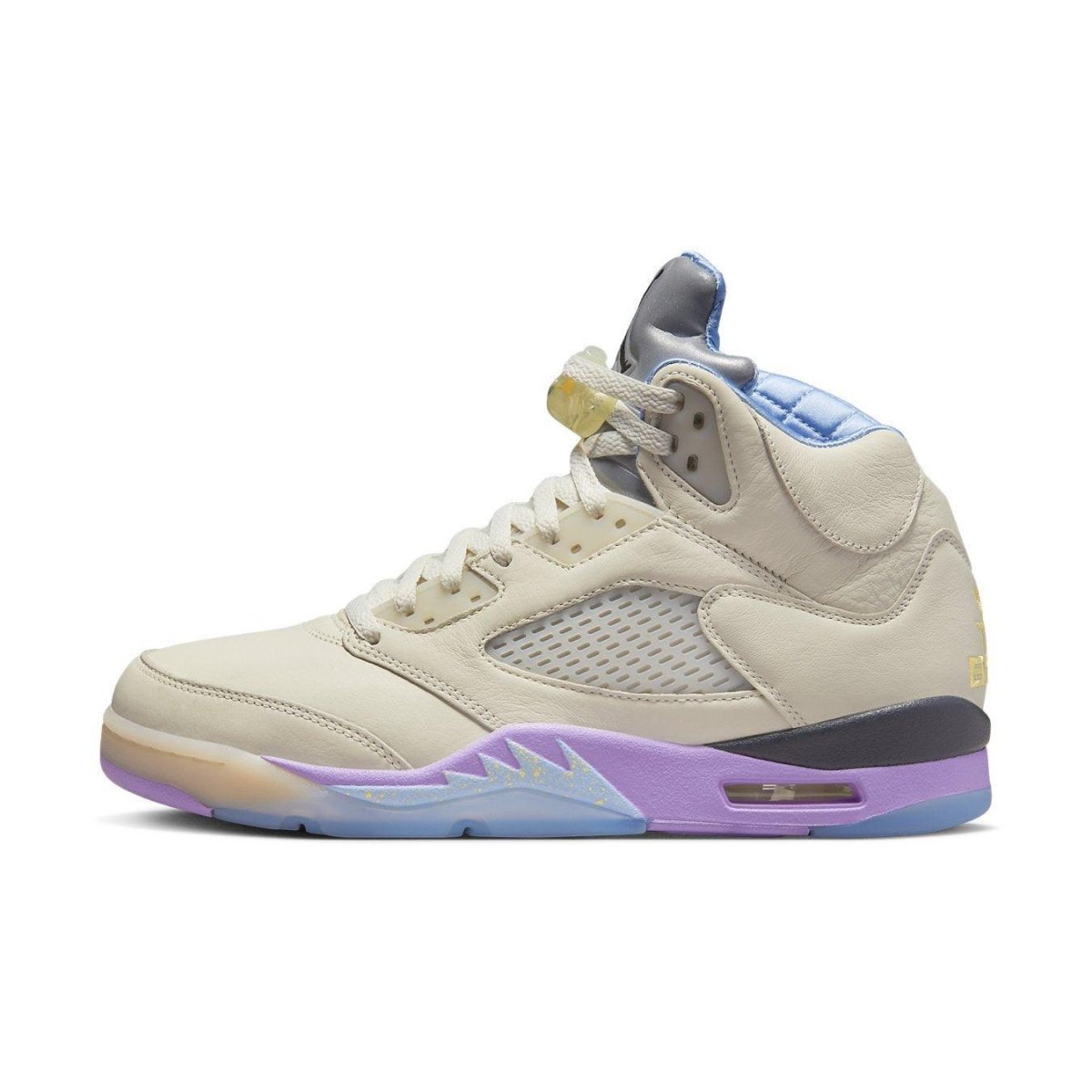 Jordan 5 Retro DJ Khaled We The Best Sail sneaker in cream leather with pastel accents and blue lining.