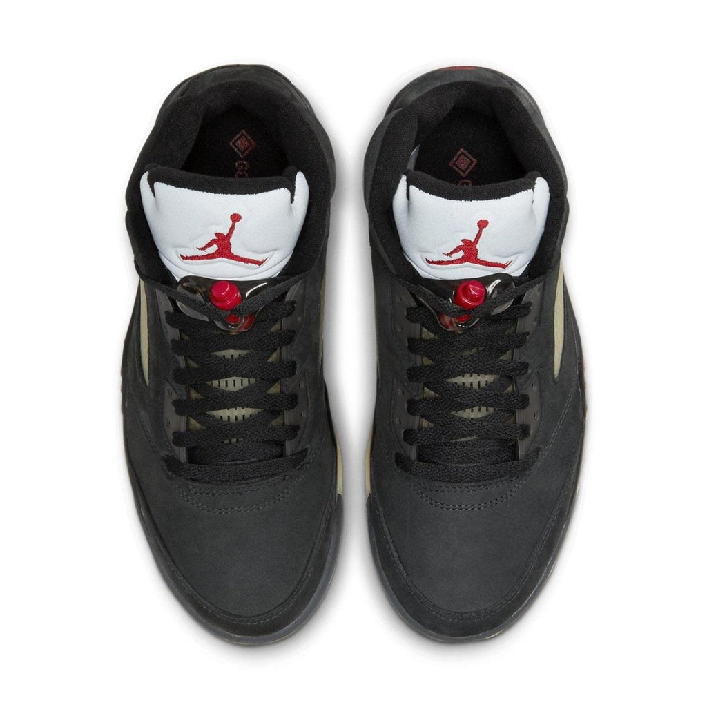 Jordan 5 Retro Gore-Tex Off-Noir women's sneakers featuring a sleek black nubuck upper and Gore-Tex waterproof membrane.