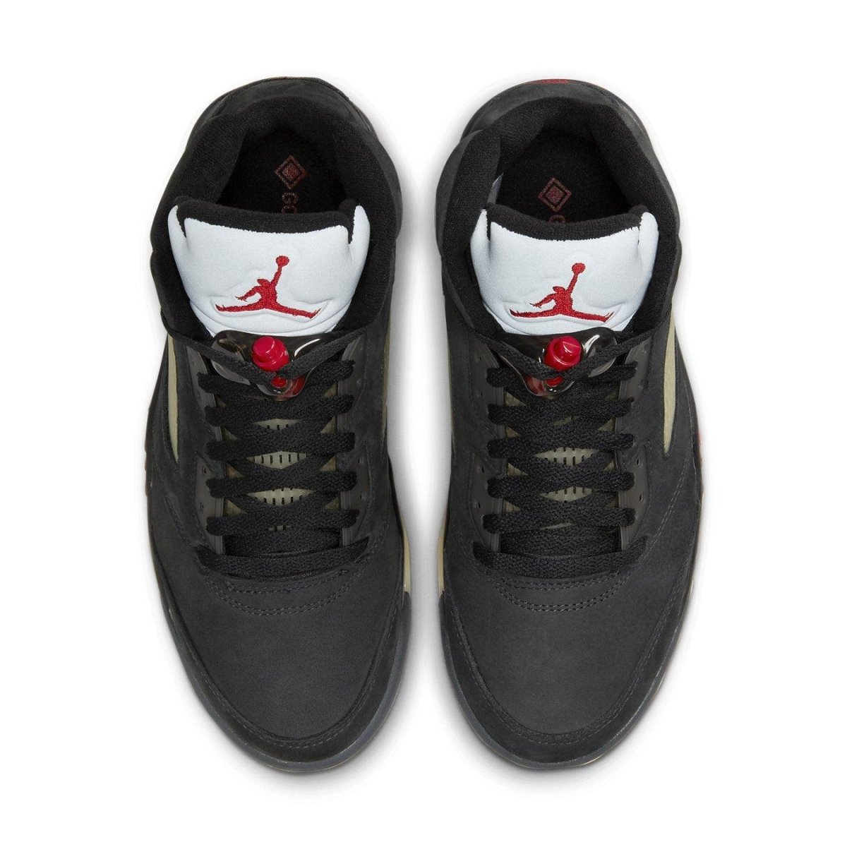 Jordan 5 Retro Gore-Tex Off-Noir women's sneakers featuring a sleek black nubuck upper and Gore-Tex waterproof membrane.