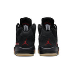 Rear view of women's Jordan 5 Retro Gore-Tex Off-Noir with red Jumpman logo and nubuck material.