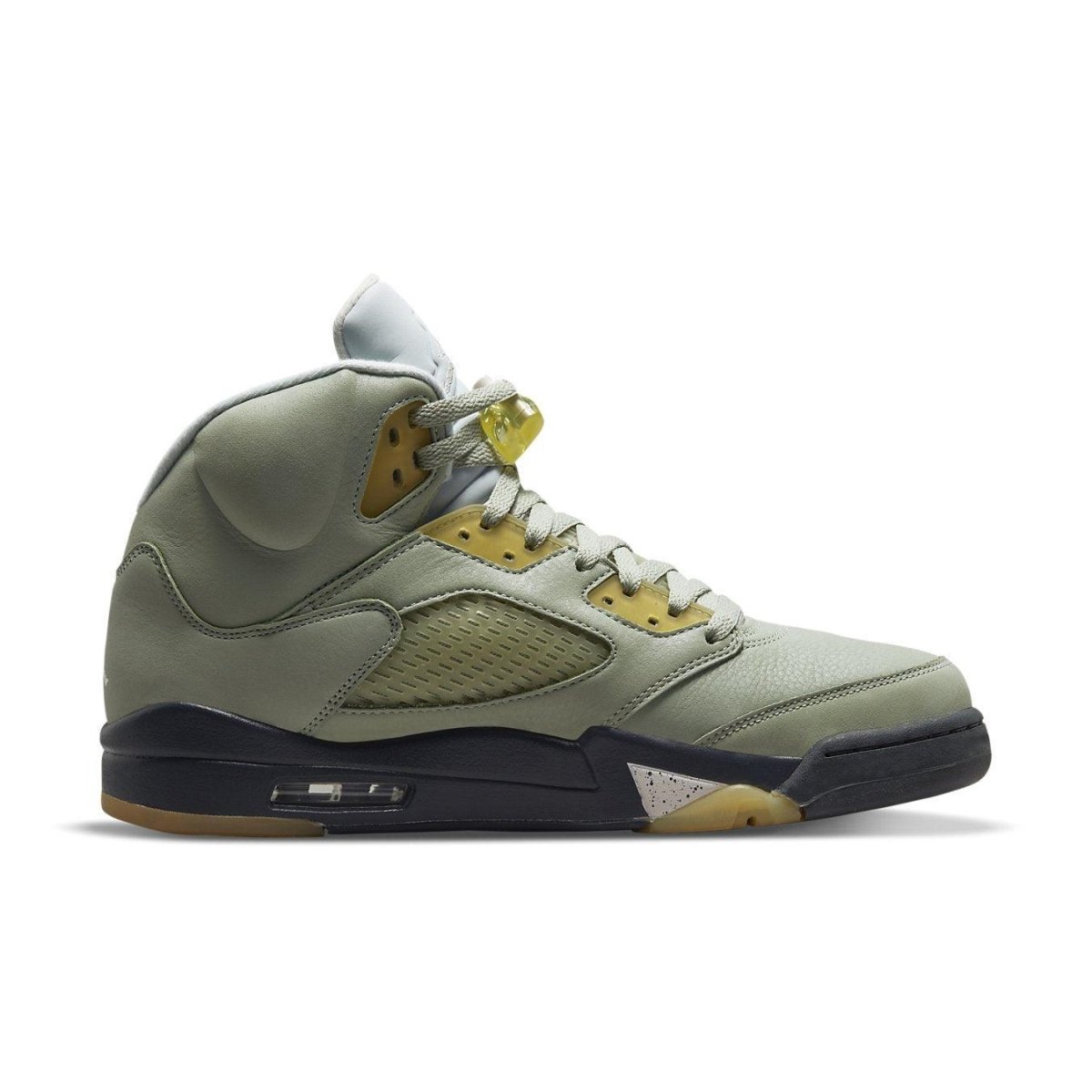 Air Jordan 5 Retro Jade Horizon sneaker featuring pastel green suede upper with a unique black sole.