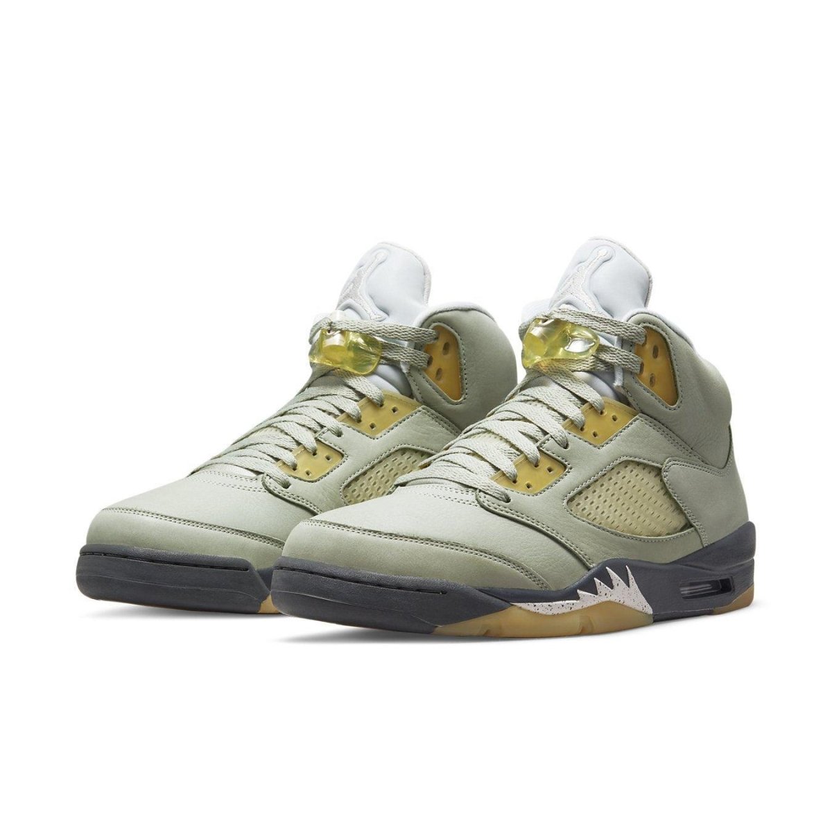 Air Jordan 5 Retro Jade Horizon sneakers featuring light green suede and yellow highlights.