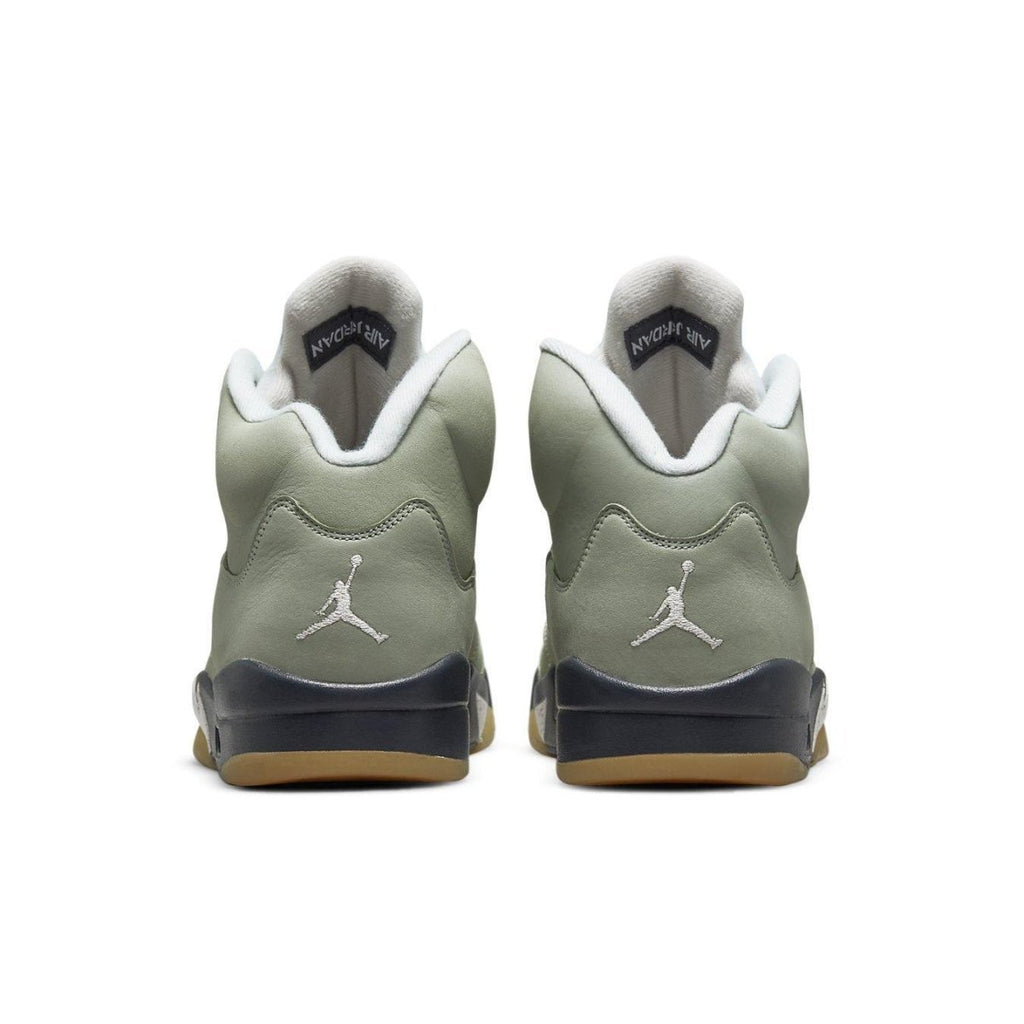 Rear view of Air Jordan 5 Retro 'Jade Horizon' sneakers in light green with Jumpman logo.