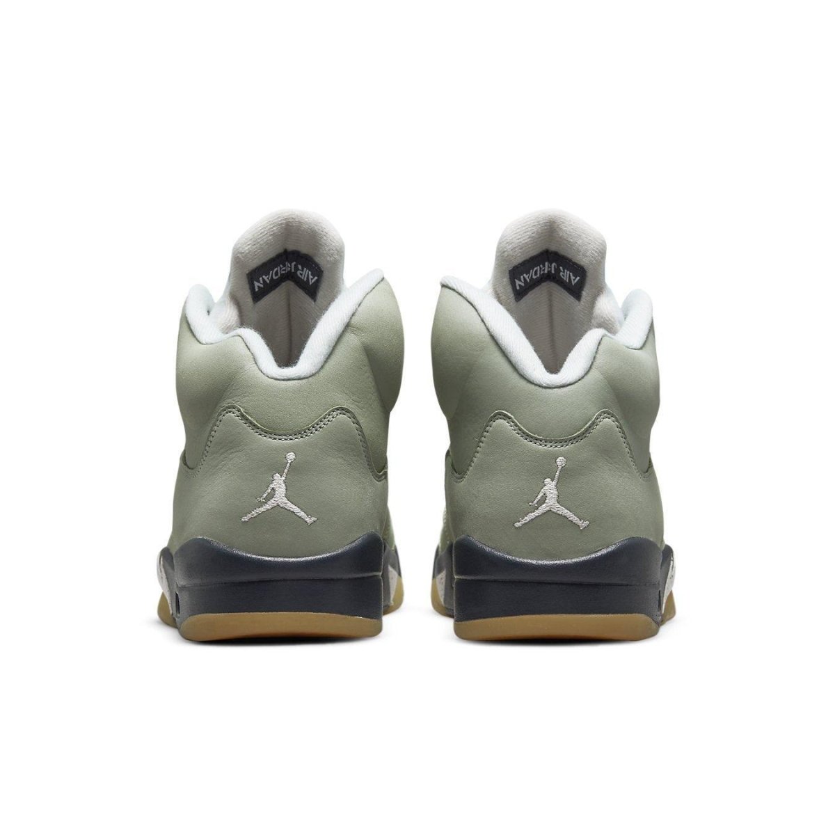Rear view of Air Jordan 5 Retro 'Jade Horizon' sneakers in light green with Jumpman logo.