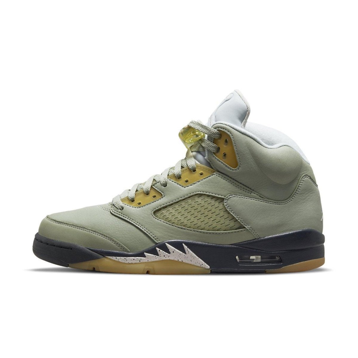 Air Jordan 5 Retro Jade Horizon sneakers in light green suede with silver accents and shark tooth design.