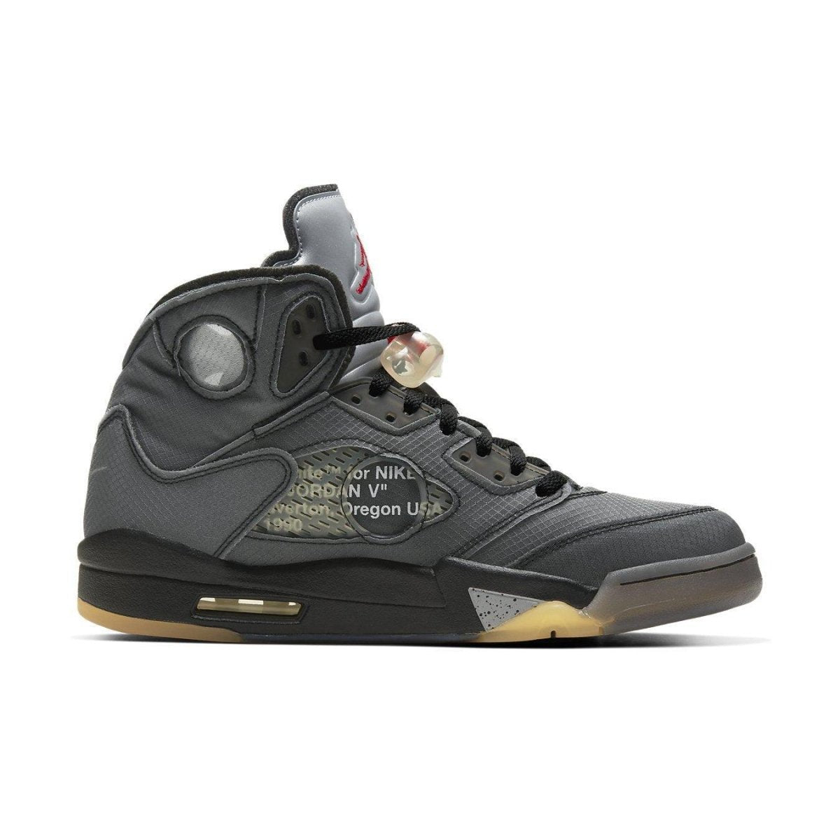 Jordan 5 Retro Off-White Black sneaker featuring a deconstructed design and cultural details inspired by Michael Jordan.