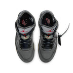 Jordan 5 Retro Off-White Black top view showcasing distinctive design and vibrant color accents.
