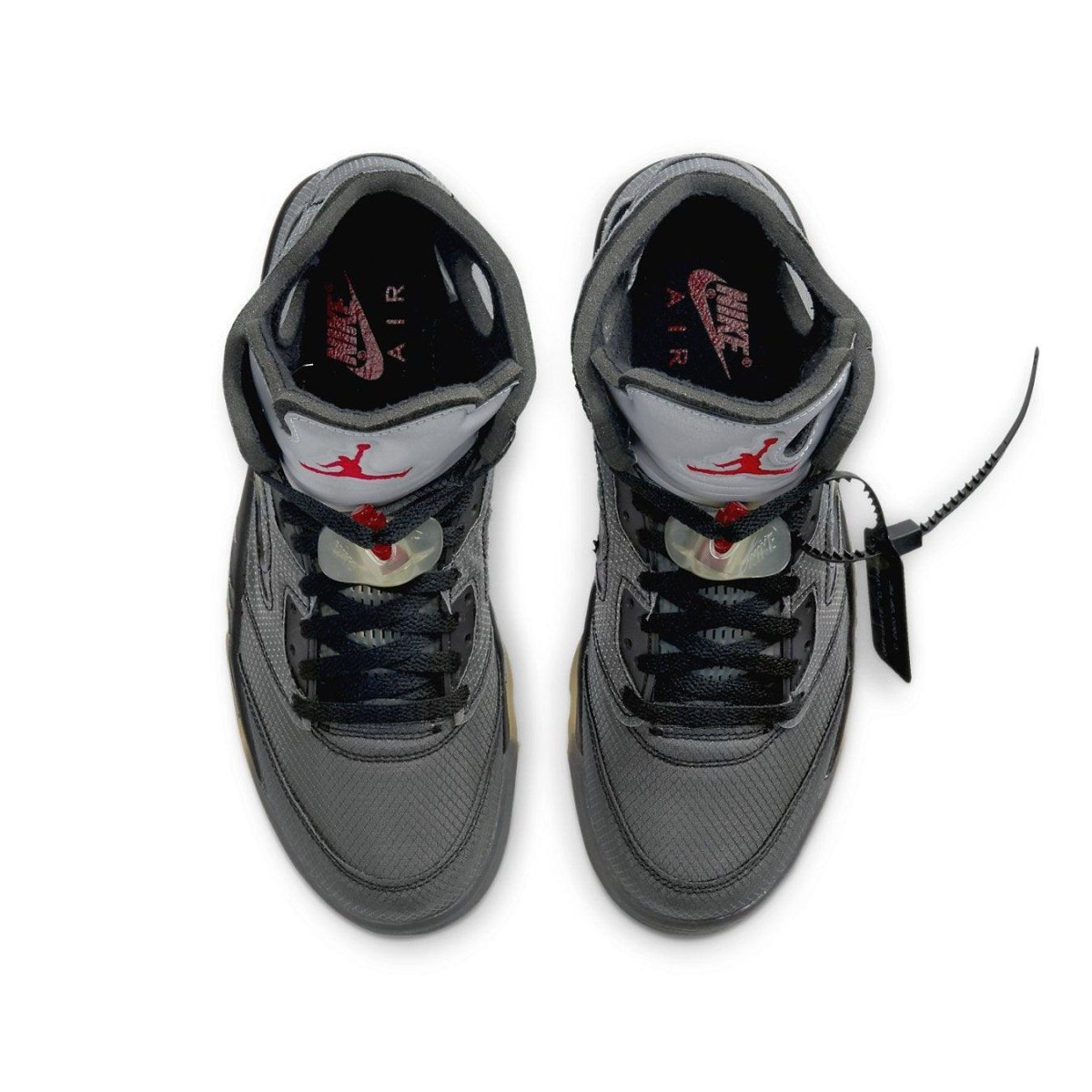 Jordan 5 Retro Off-White Black top view showcasing distinctive design and vibrant color accents.
