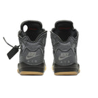 Nike Air Jordan 5 Retro Off-White Black shoes, rear view showcasing black and gray design with distinctive branding.