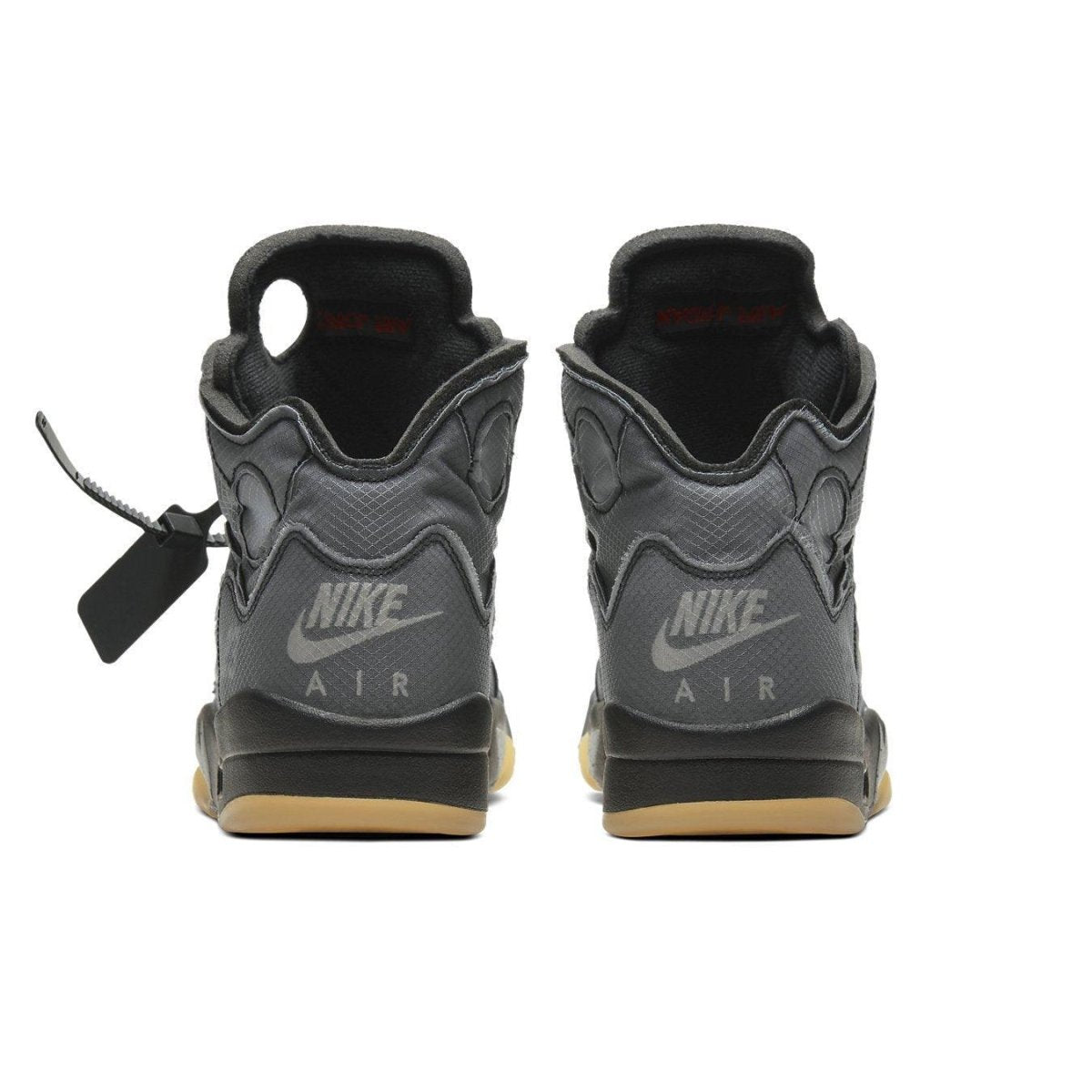 Nike Air Jordan 5 Retro Off-White Black shoes, rear view showcasing black and gray design with distinctive branding.