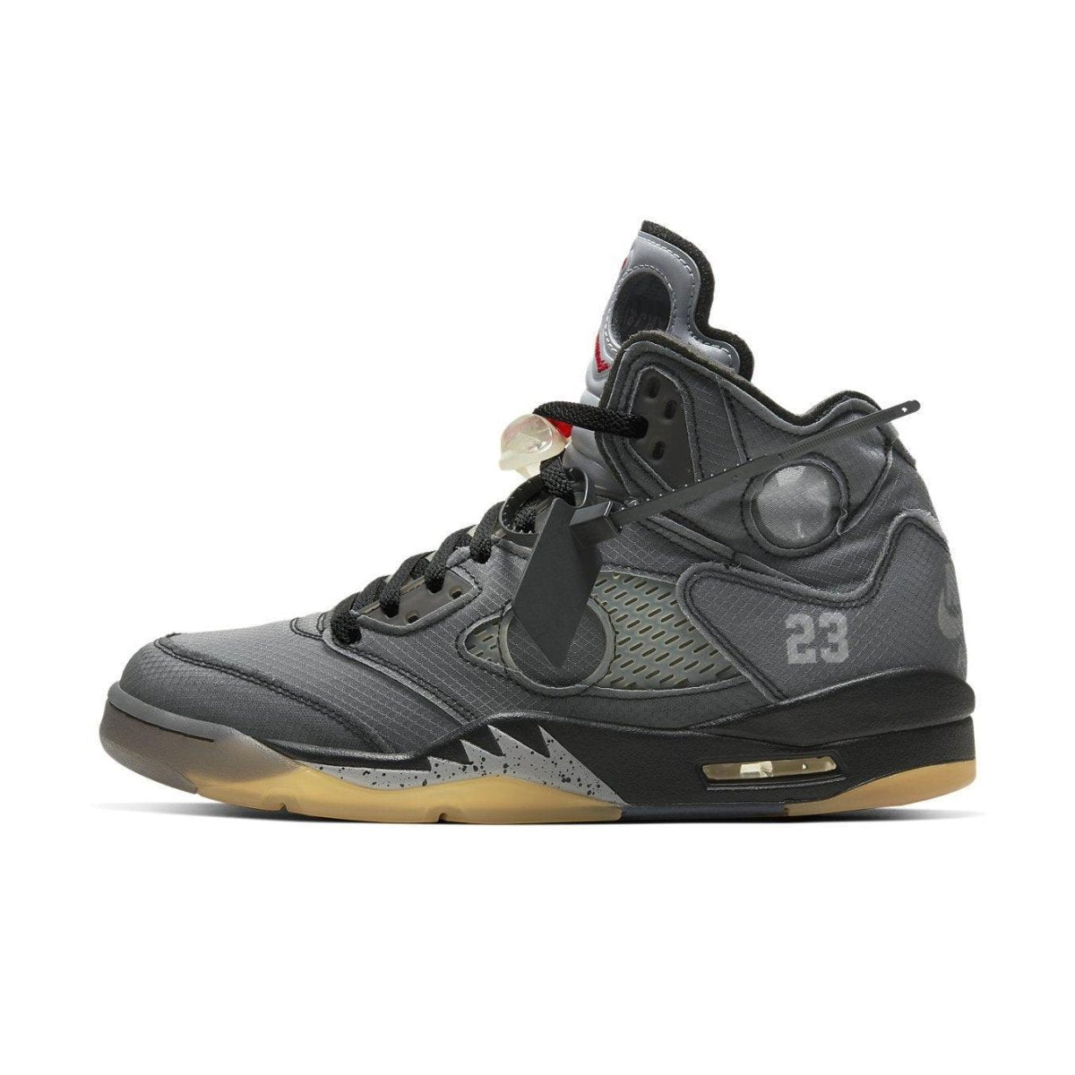 Jordan 5 Retro Off-White Black sneaker featuring a deconstructed design and cultural elements of Chicago.