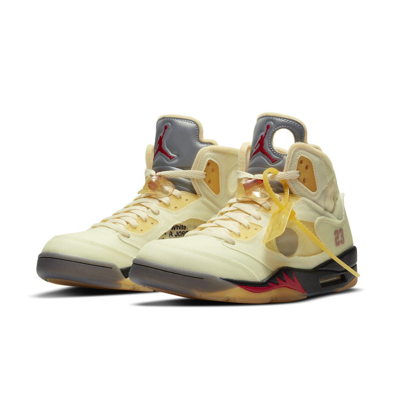 Jordan 5 Retro OFF-WHITE Sail shoes in pale yellow with Fire Red accents and deconstructed design, featuring translucent material.