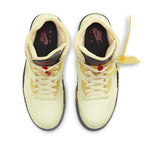 Top view of Jordan 5 Retro OFF-WHITE Sail sneakers showcasing the Sail colorway and distinctive design details.