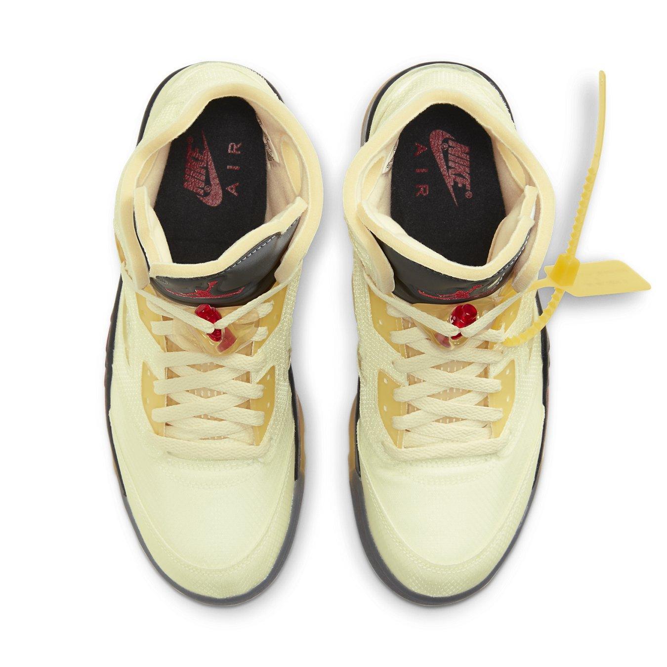 Top view of Jordan 5 Retro OFF-WHITE Sail sneakers showcasing the Sail colorway and distinctive design details.