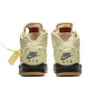 Back view of Nike Air Jordan 5 Retro OFF-WHITE Sail shoes, showcasing translucent material and Fire Red details.