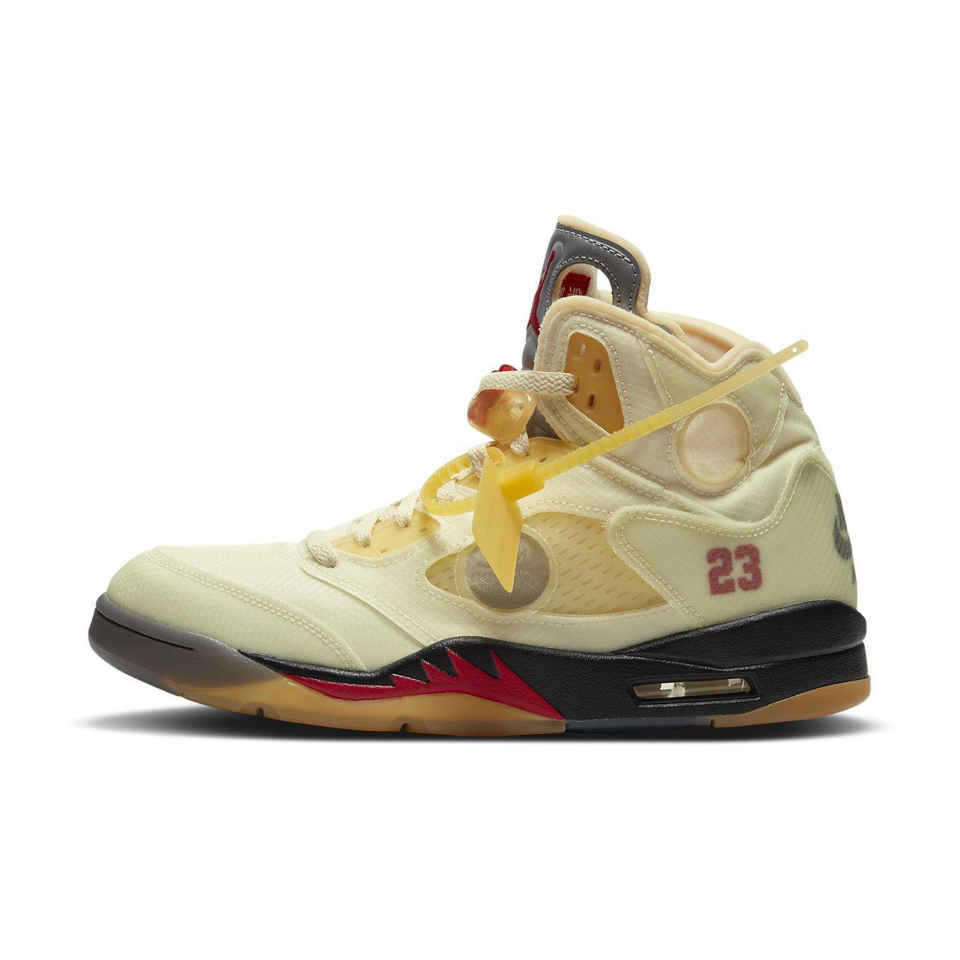 Jordan 5 Retro OFF-WHITE Sail sneaker featuring a Sail colorway with Fire Red accents and deconstructed design.